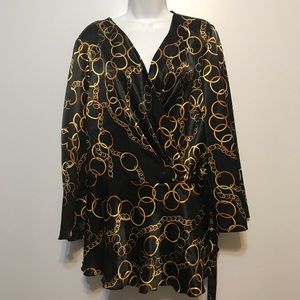 SLB Black Gold Print Wrap Blouse Size 16W